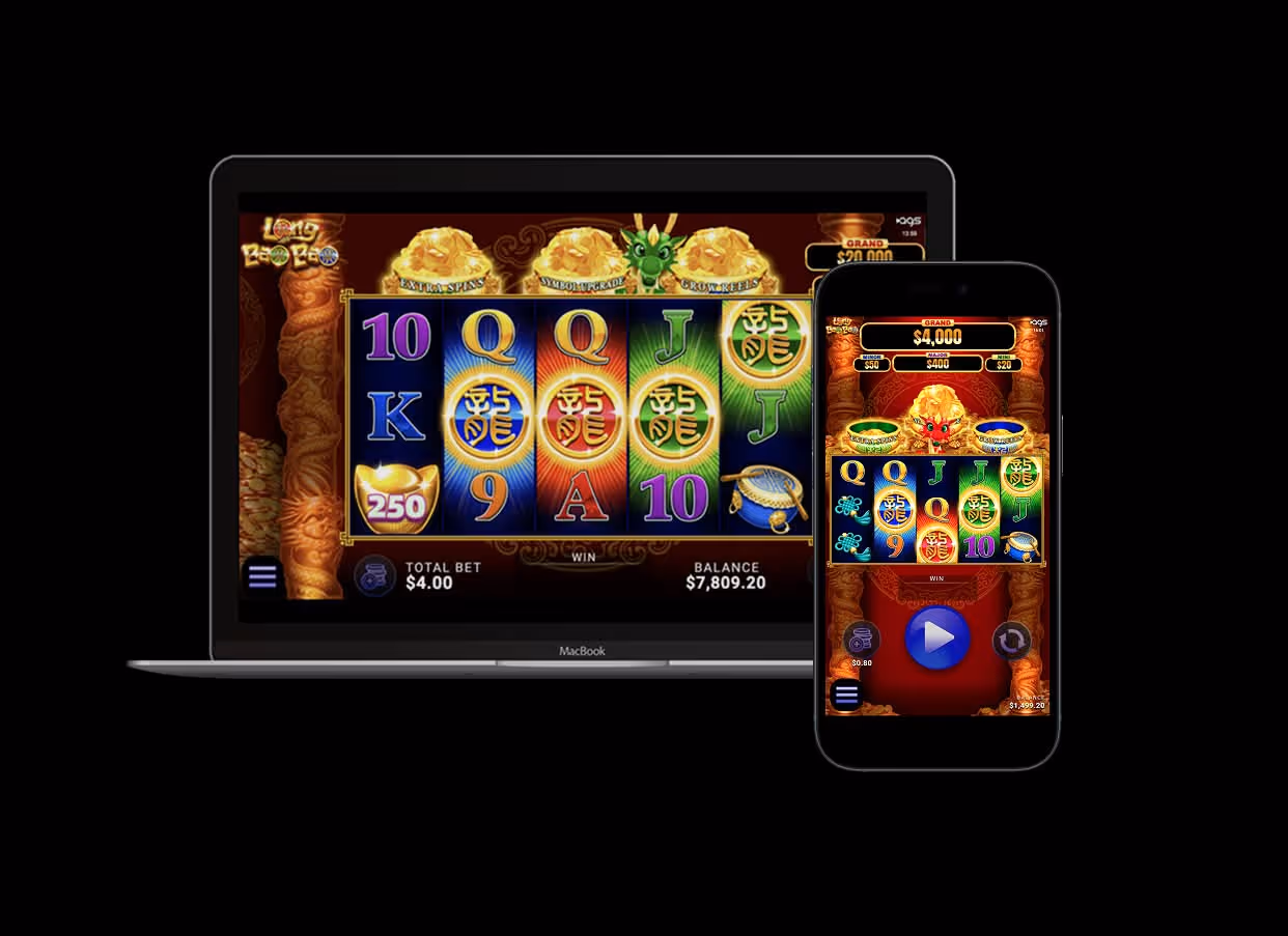 AGS dragon-themed slot machine game displayed on MacBook and iPhone