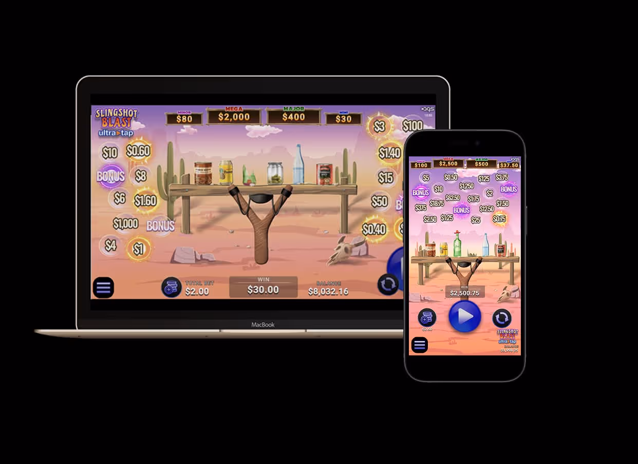AGS Slingshot Blast gambling game on laptop and mobile screen