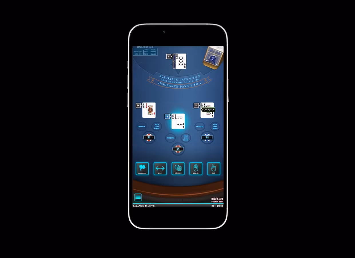 AGS mobile blackjack app with cards, betting options, and digital casino interface