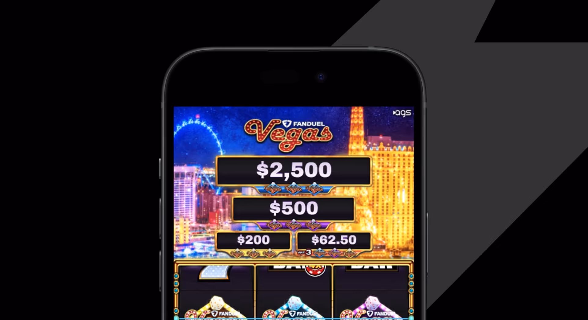 FanDuel Vegas AGS gambling app showing cash prize levels on smartphone