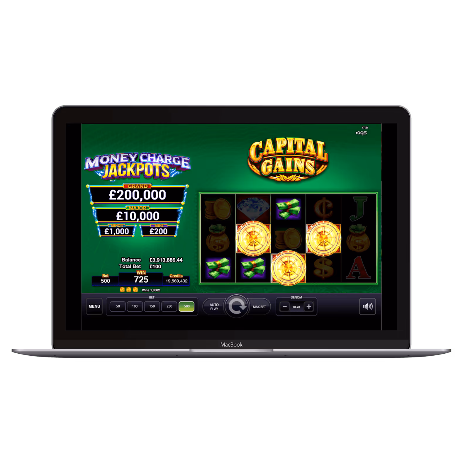 AGS Money Charge Jackpots online slot game on MacBook screen