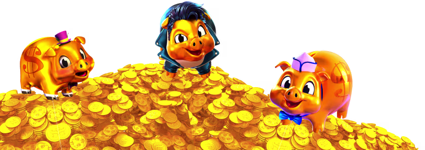 Three cartoon piggy banks on a large pile of gold coins, each with distinct accessories and expressions.