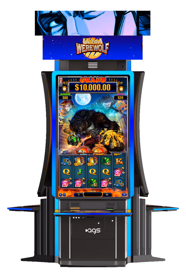 Ultra Werewolf slot machine with a werewolf graphic and $10,000 grand jackpot display.