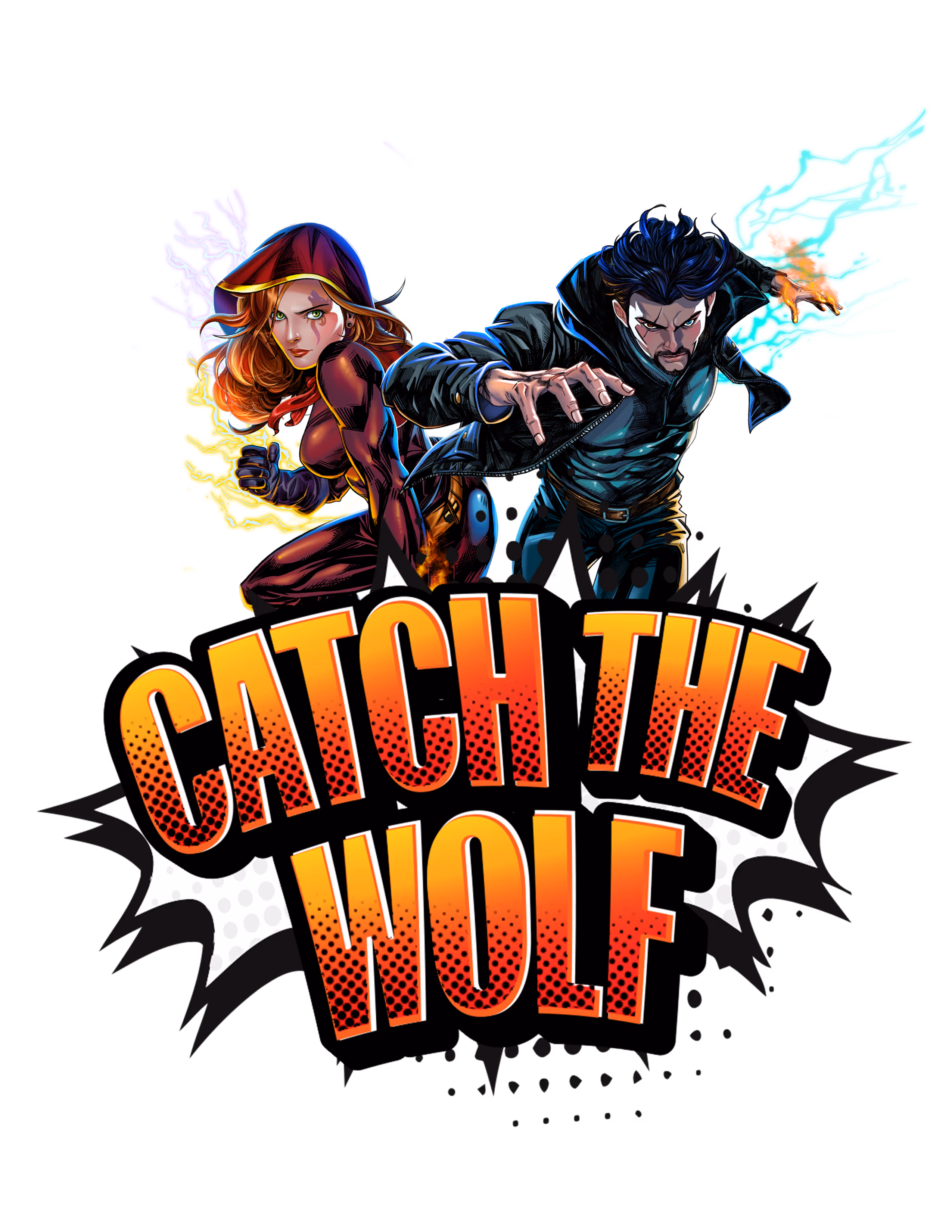 Illustration of a female superhero with a red hood and a male superhero with black hair, both in action poses behind bold text reading 'Catch The Wolf'.