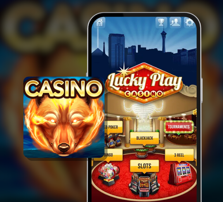 Mobile phone screen displaying Lucky Play Casino app with options for video poker, blackjack, tournaments, bingo, slots, and 3 reel, alongside a flaming bear casino icon.