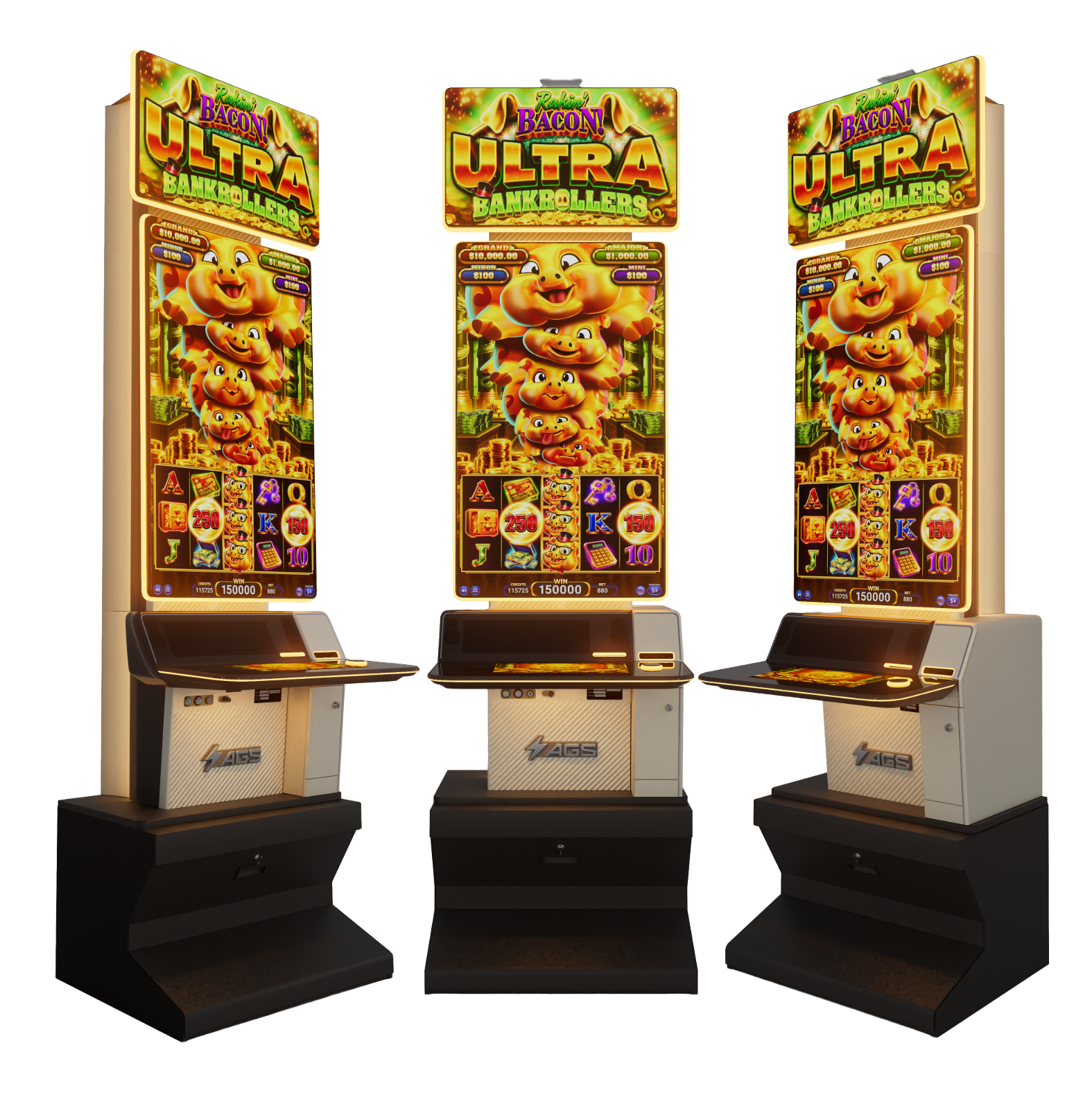 Discover the Glō™ UR43 slot cabinet from AGS, featuring a sculpted silhouette, ambient illumination, dimensional textures, and a warm champagne finish.