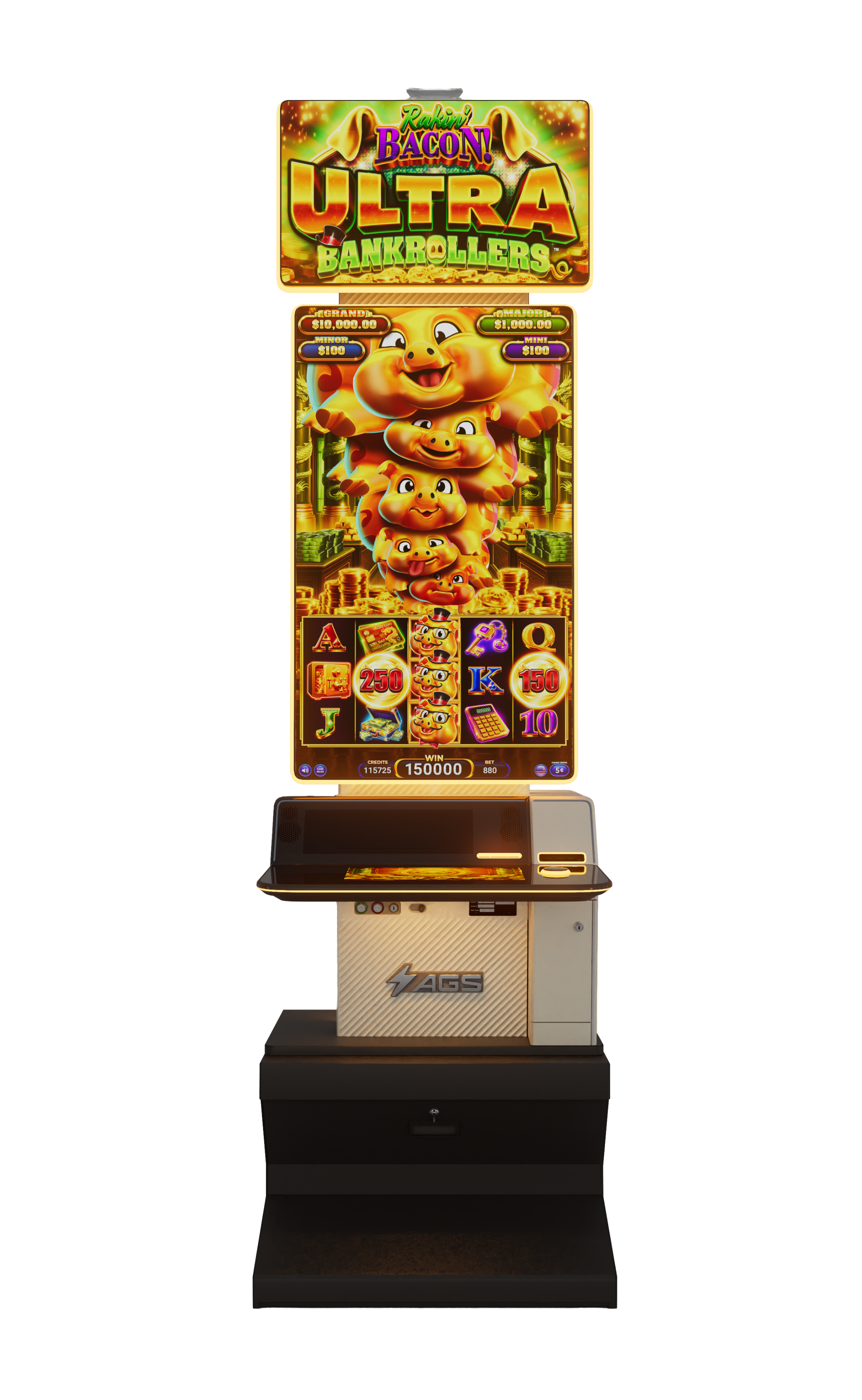 Discover the Glō™ UR43 slot cabinet from AGS, featuring a sculpted silhouette, ambient illumination, dimensional textures, and a warm champagne finish.