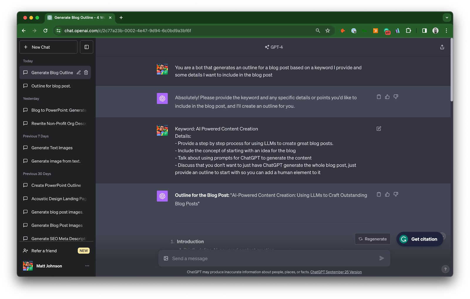 AI Powered Content Creation - Using prompts to generate an outline