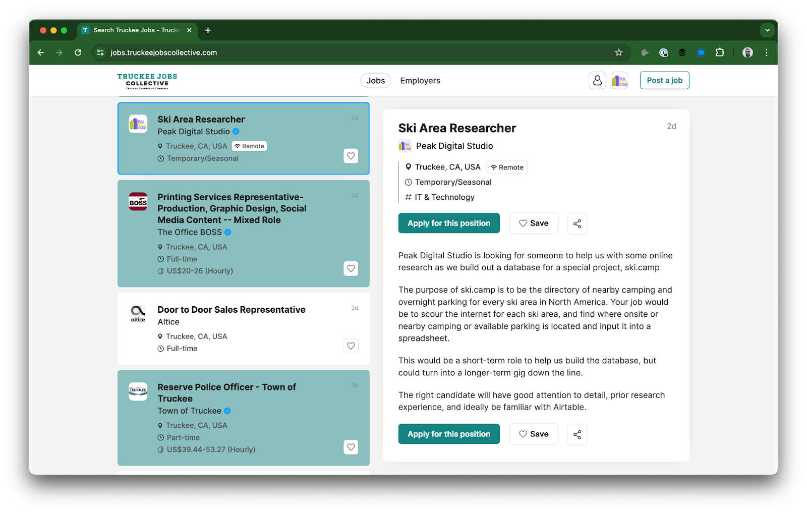 Screenshot of Truckee Jobs Collective jobs listing