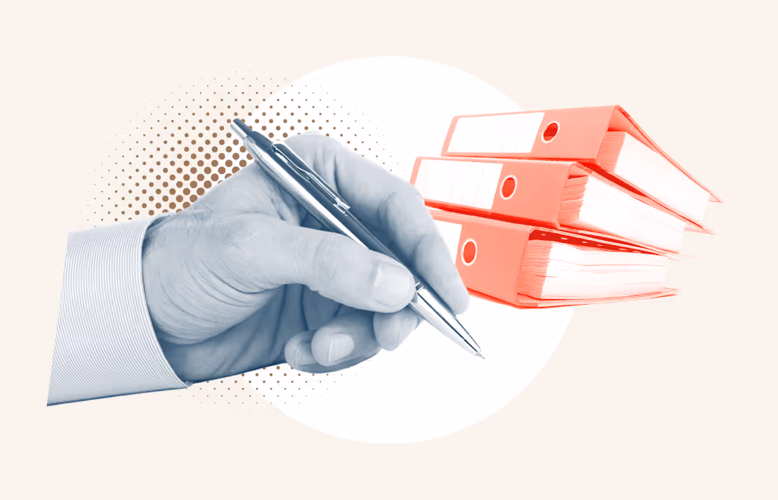A photo collage showing a man's hand holding a pen with a stack of folders in the background.