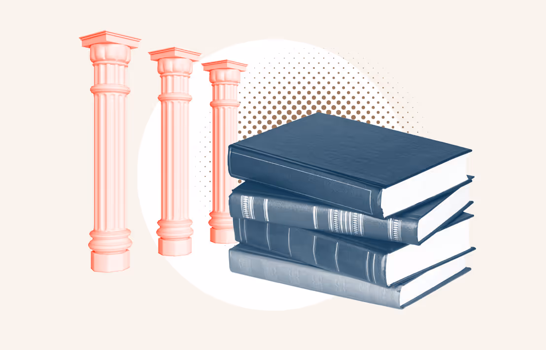 A photo collage showing a stack of law book with courthouse columns in the background.