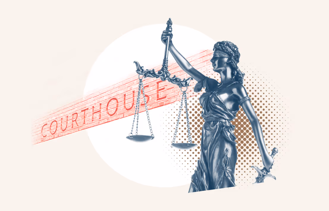 A photo collage showing the scales of justice statue with a courthouse stone sign in the background.