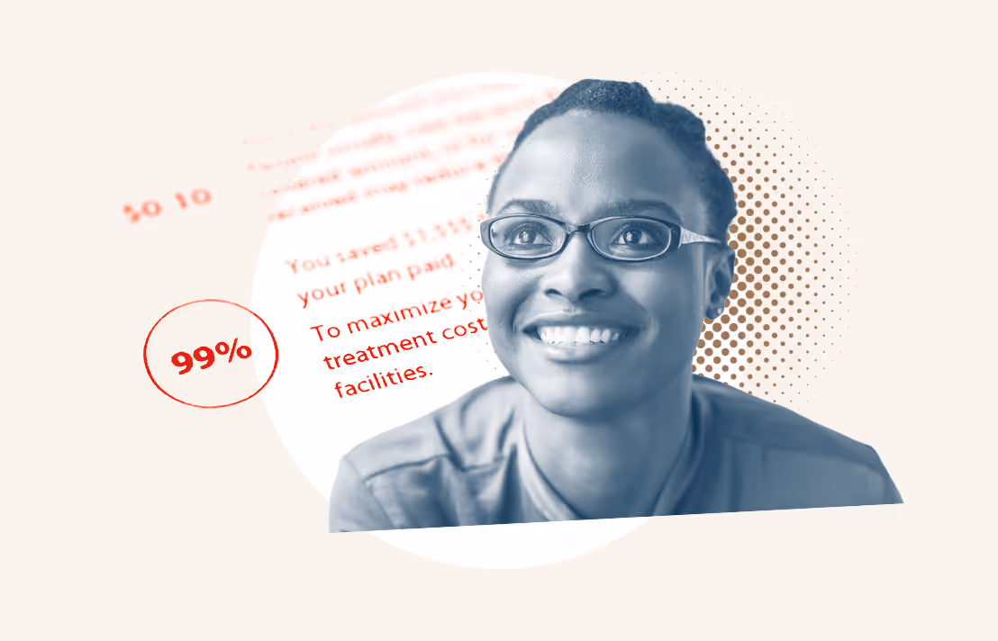 A photo collage showing a young smiling woman with glasses and a background of a health benefits form.