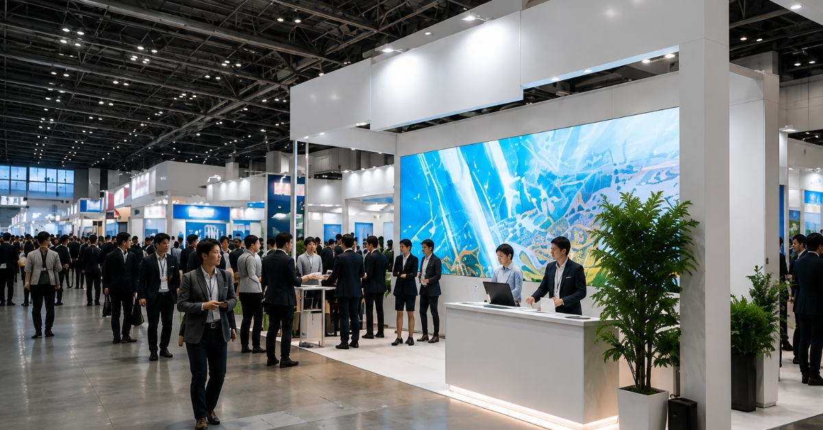 Large booth along a main aisle at a trade show