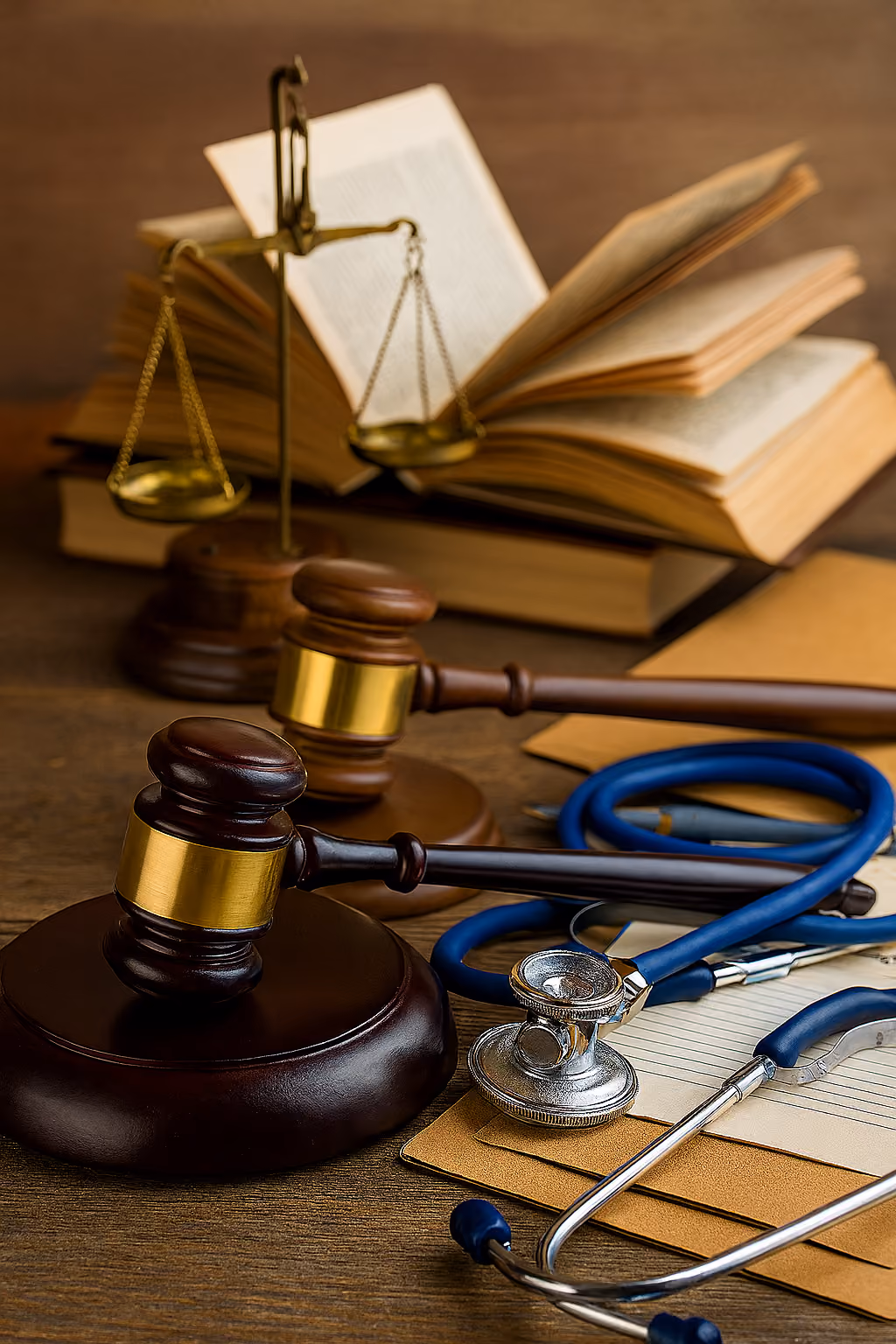 Two wooden gavels, a stethoscope, legal books, and scales of justice on a wooden table.
