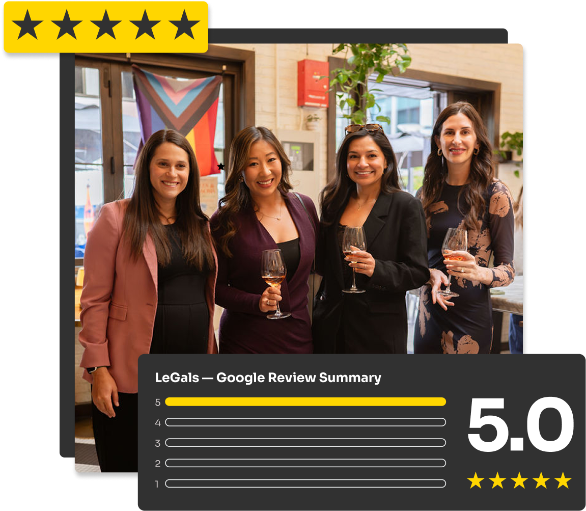 Group of five diverse people smiling indoors, with a 5-star Google review rating of 5.0 visible.