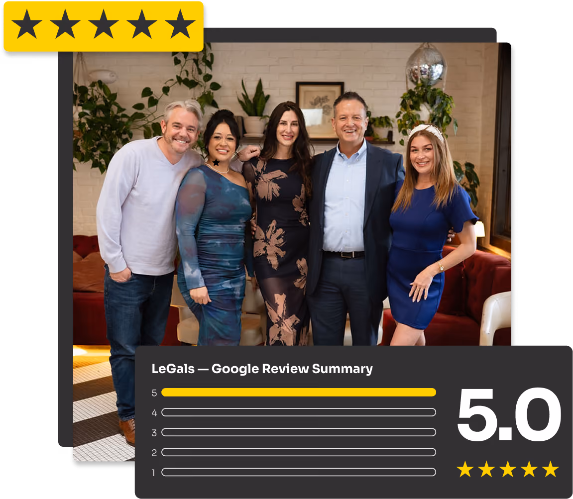 Group of five diverse people smiling indoors, with a 5-star Google review rating of 5.0 visible.