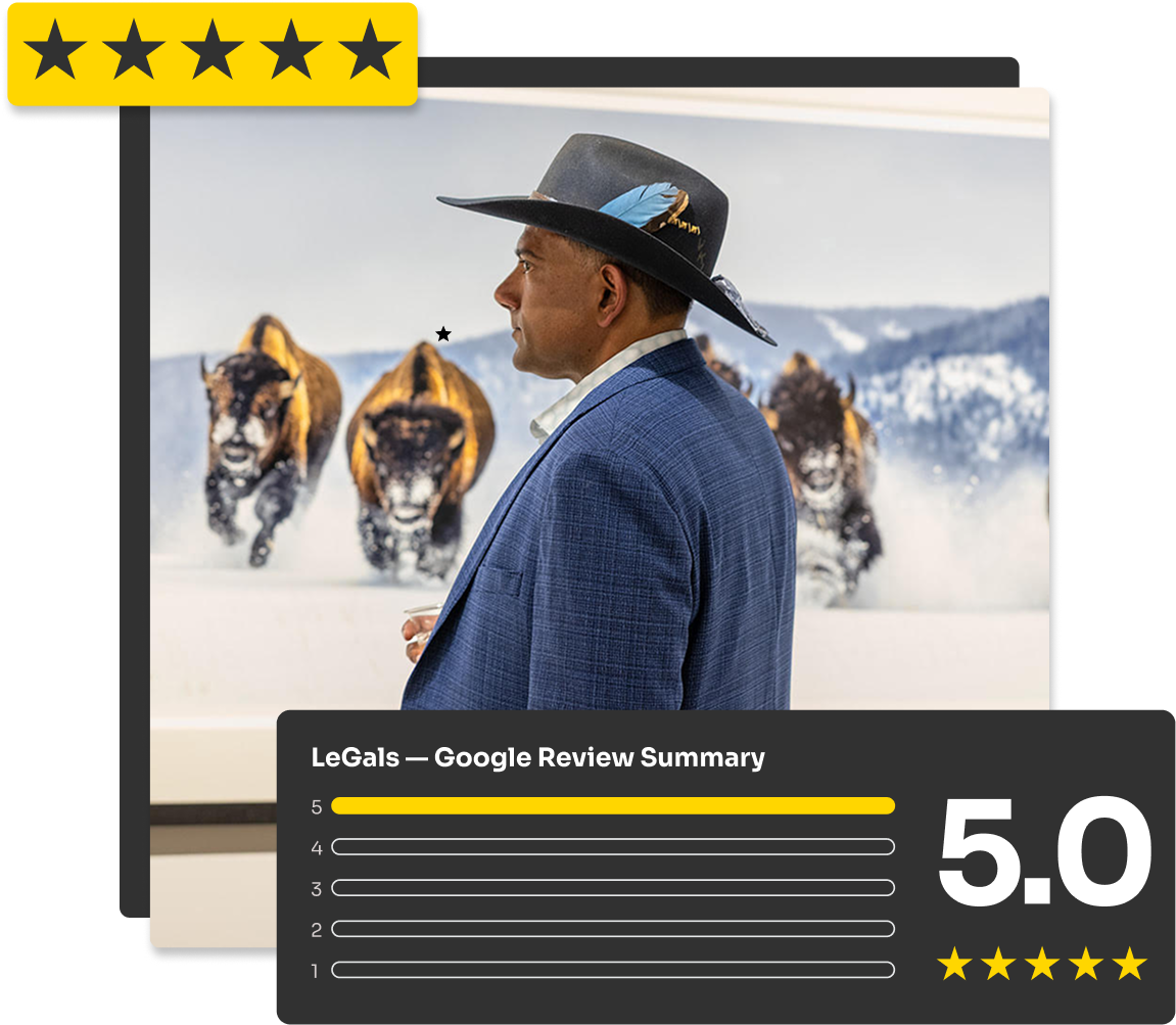 Group of five diverse people smiling indoors, with a 5-star Google review rating of 5.0 visible.