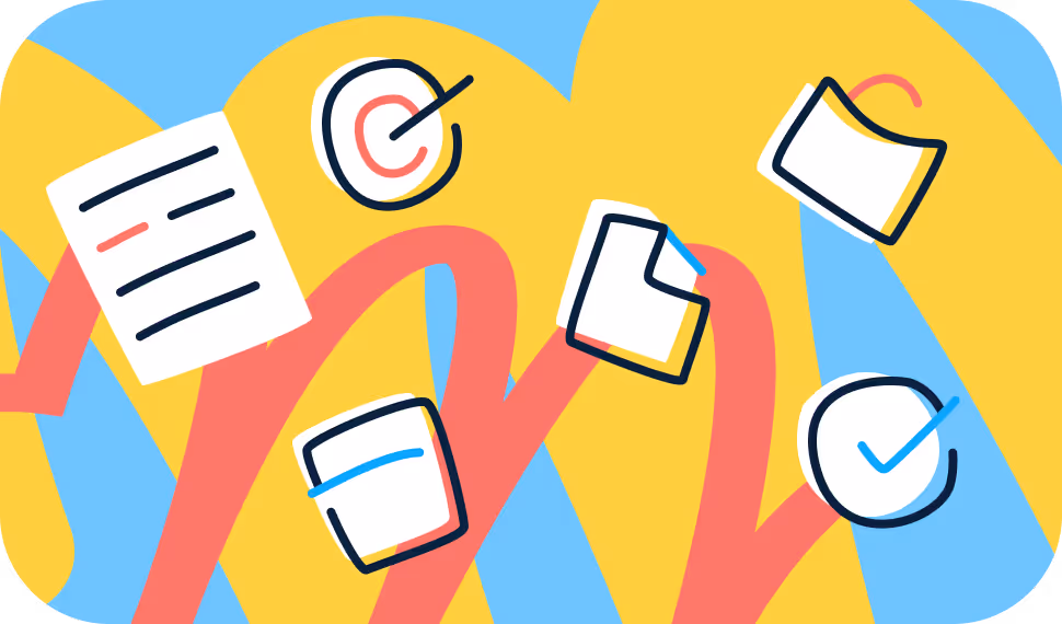 Illustration of floating documents, folders, a target with an arrow, and a checkmark circle on a colorful abstract background.