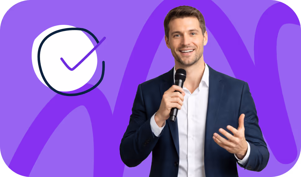 Smiling man in a suit holding a microphone with a purple background and a large white checkmark icon.