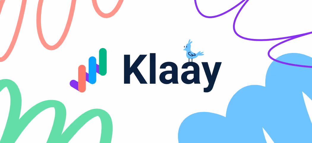 Klaay logo with colorful vertical bars and a small blue bird perched on the letter 'a'.