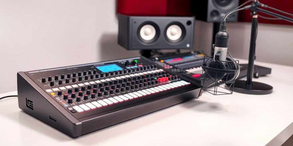 Audio interface, mixer, and microphone setup for podcasting.
