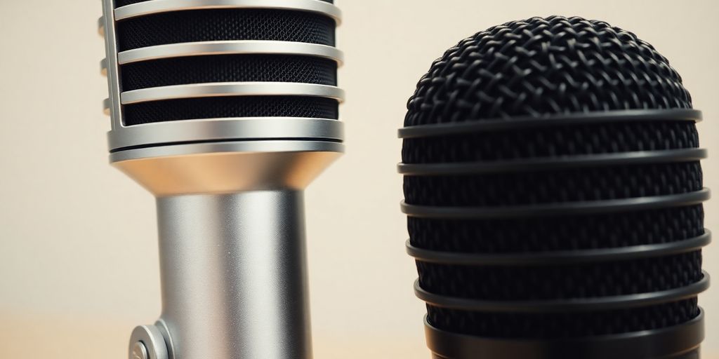 Condenser and dynamic microphones side-by-side.