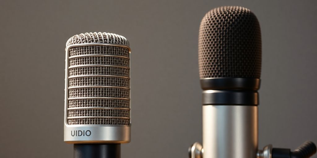 Condenser and dynamic microphones side by side.