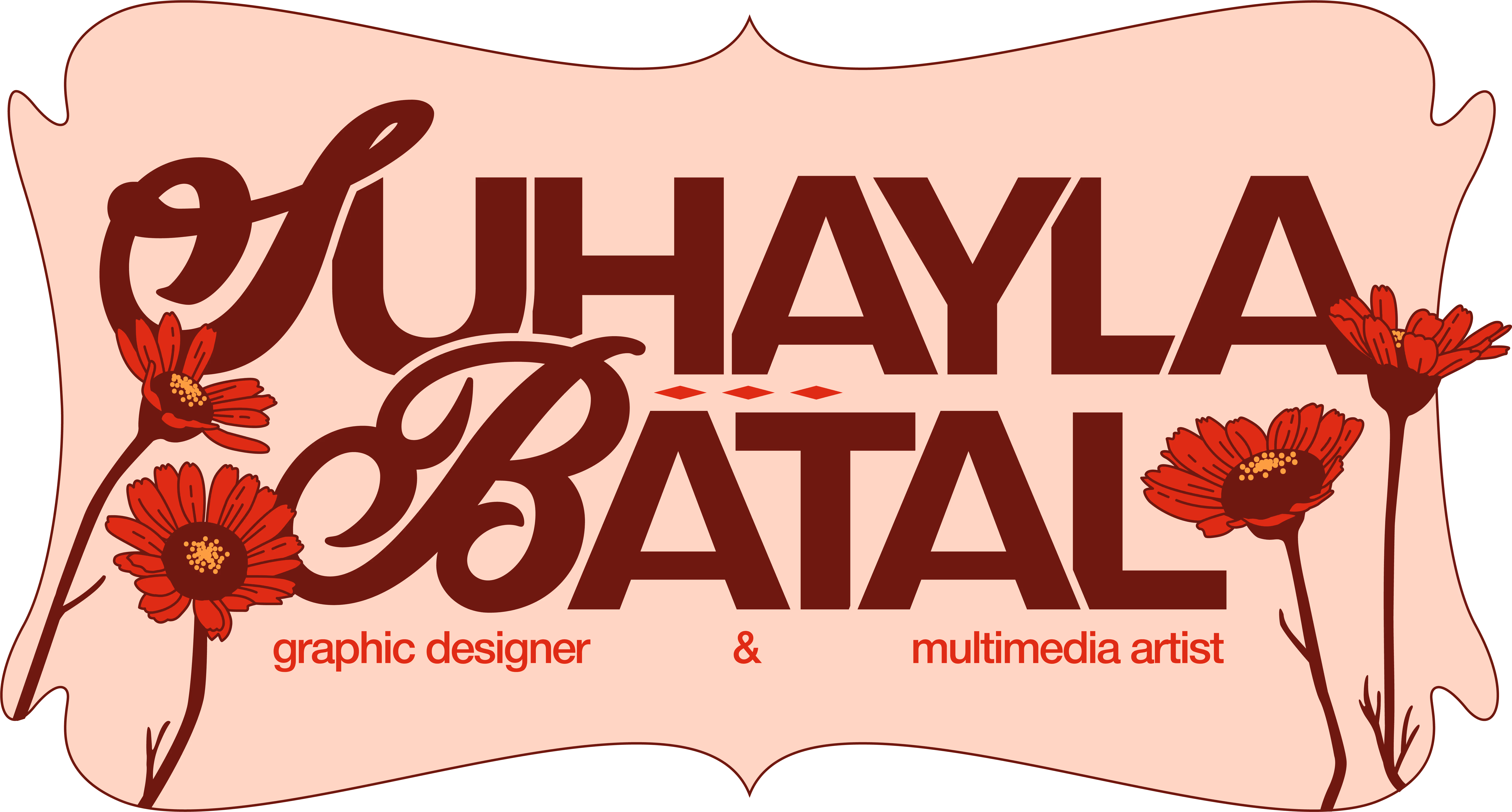 A graphic reading "Suhayla Batal, graphic designer & multimedia artist' with decorative font and red Moroccan poppies