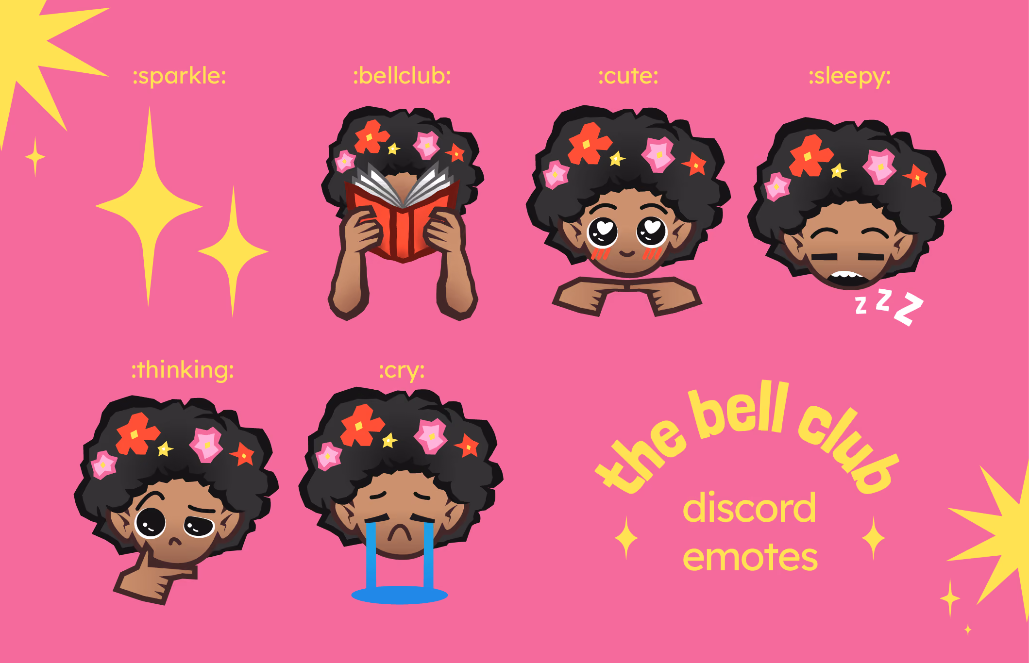 Branding board for The Bell Club featuring primary logo of a person with floral hair reading a book, secondary logo with club name in yellow on green, a yellow logomark of the person reading, and submark with book and club name in yellow on red, color palette of green, yellow, red, pink, cream, typography examples in Londrina Solid and Lexend Regular, and design elements including iconography, duotone, grain, and collage.