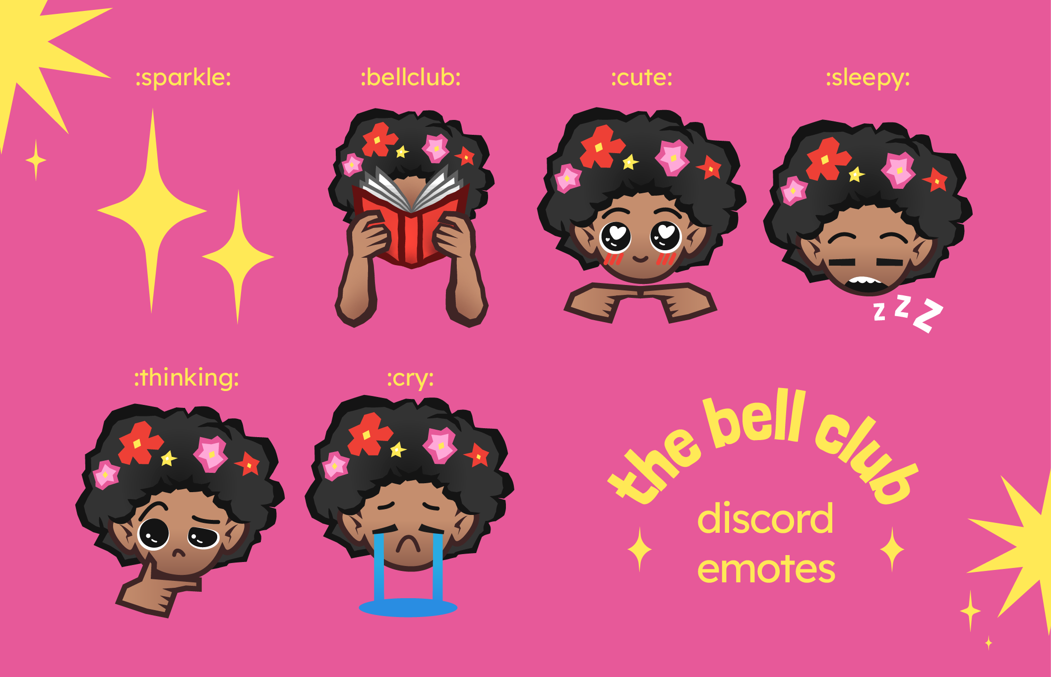 Branding board for The Bell Club featuring primary logo of a person with floral hair reading a book, secondary logo with club name in yellow on green, a yellow logomark of the person reading, and submark with book and club name in yellow on red, color palette of green, yellow, red, pink, cream, typography examples in Londrina Solid and Lexend Regular, and design elements including iconography, duotone, grain, and collage.
