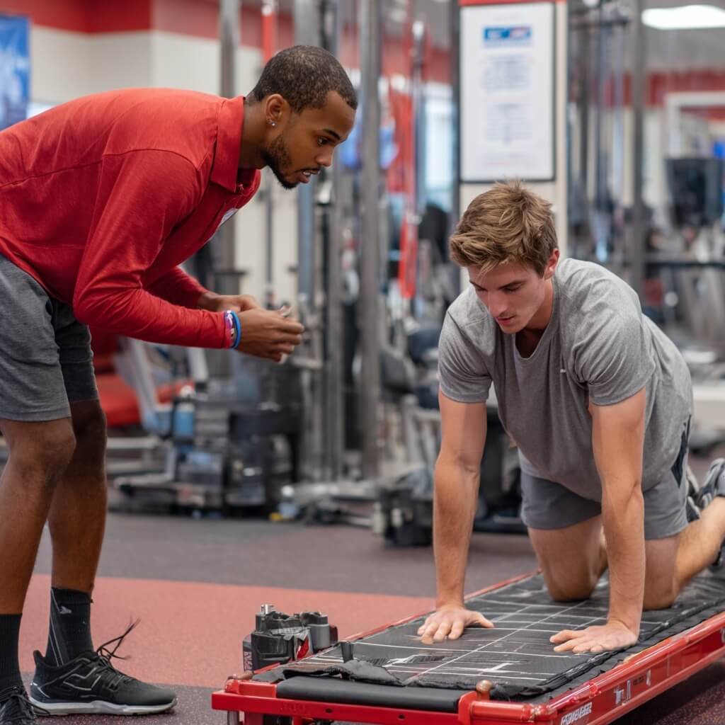 Two men in a gym doing exercises on a treadmill.