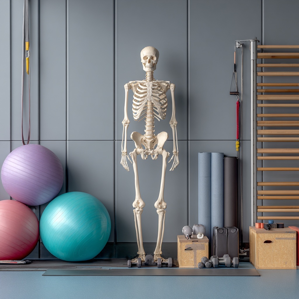 A skeleton standing next to a yoga ball and exercise equipment.