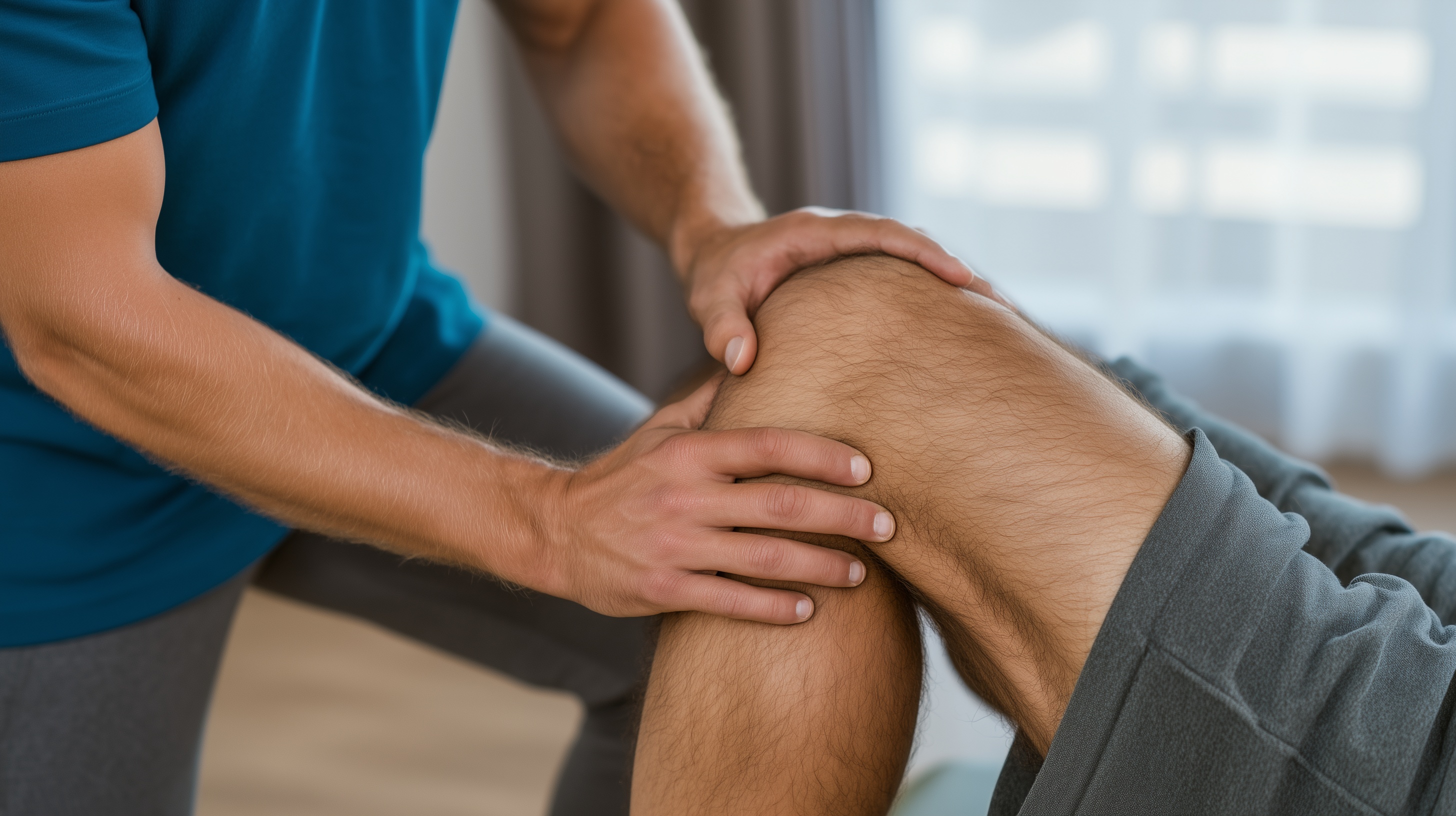 A man is holding his knee in pain.