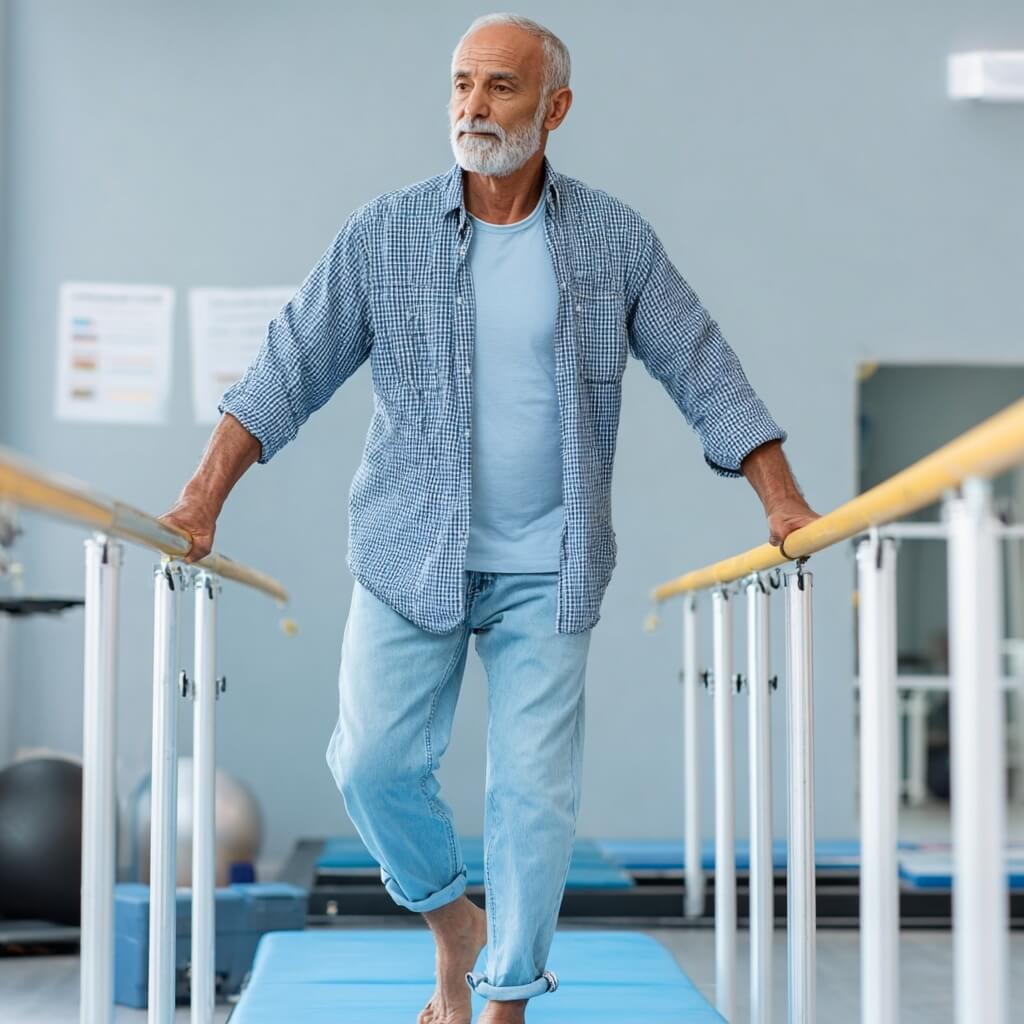 A man walking down a set of stairs.