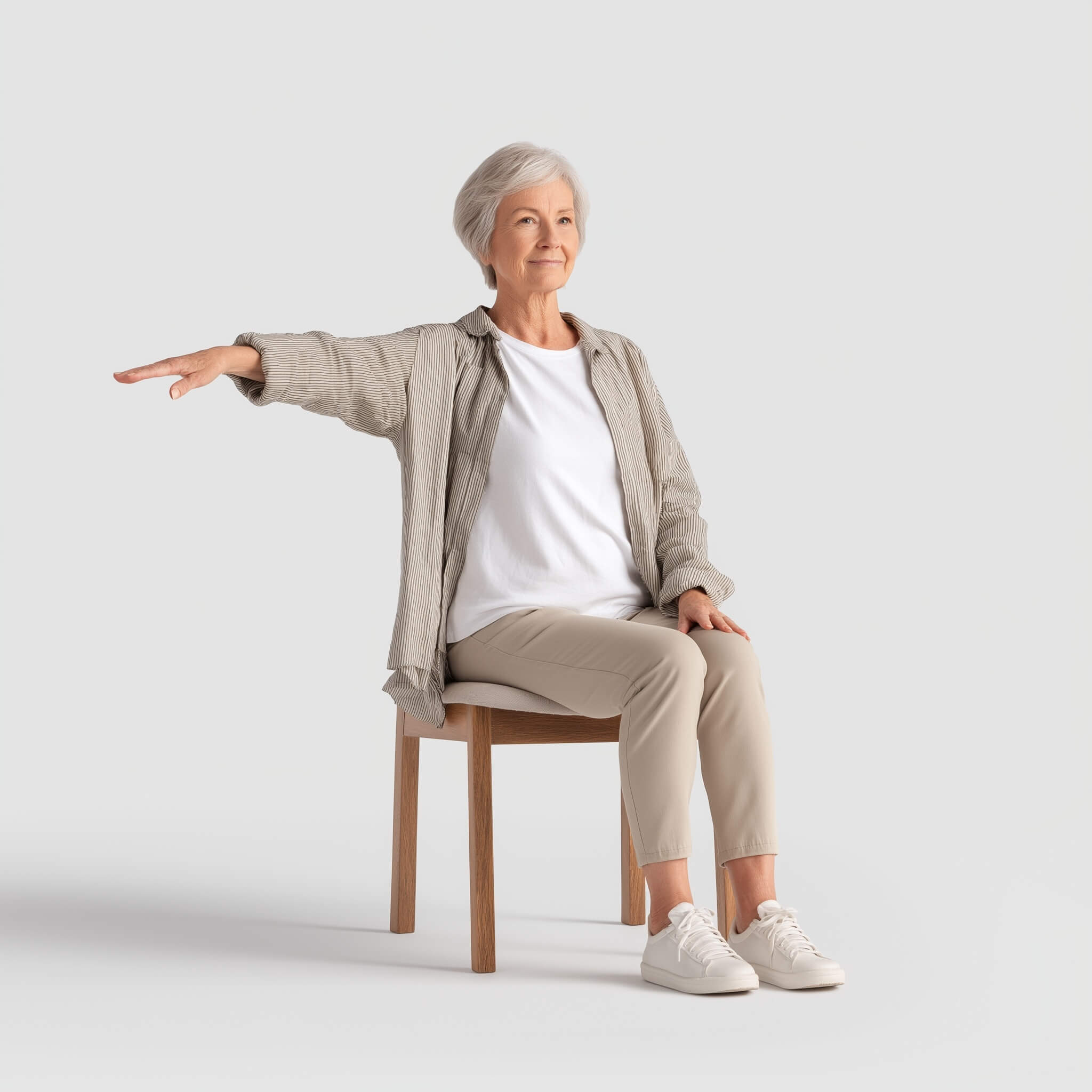 A woman sitting on top of a wooden chair.