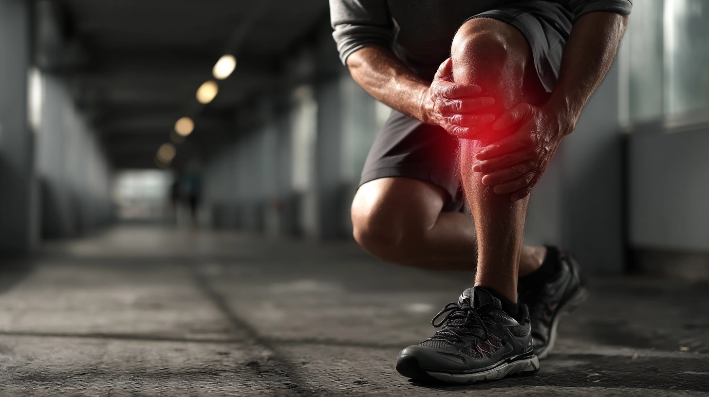 A man with knee pain holding his knee.