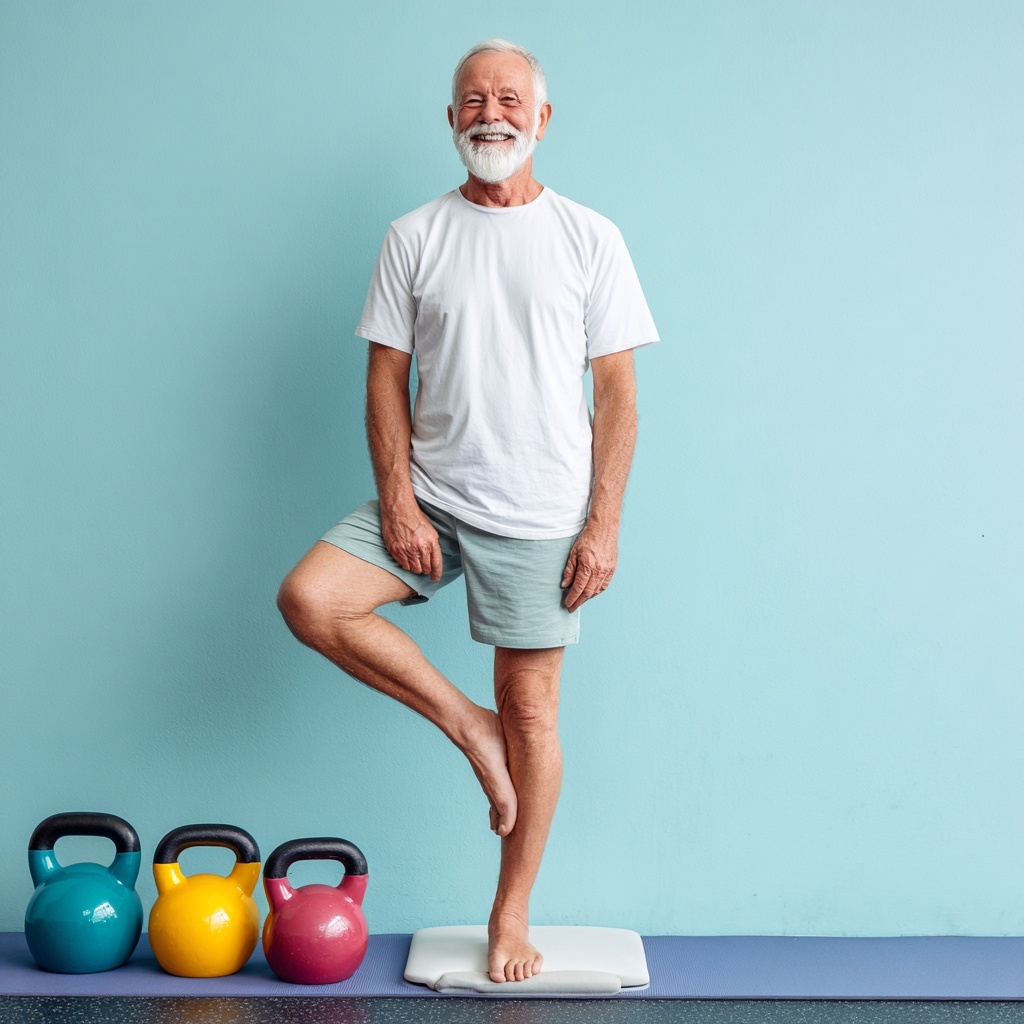 An older man standing on a scale with three kettles.
