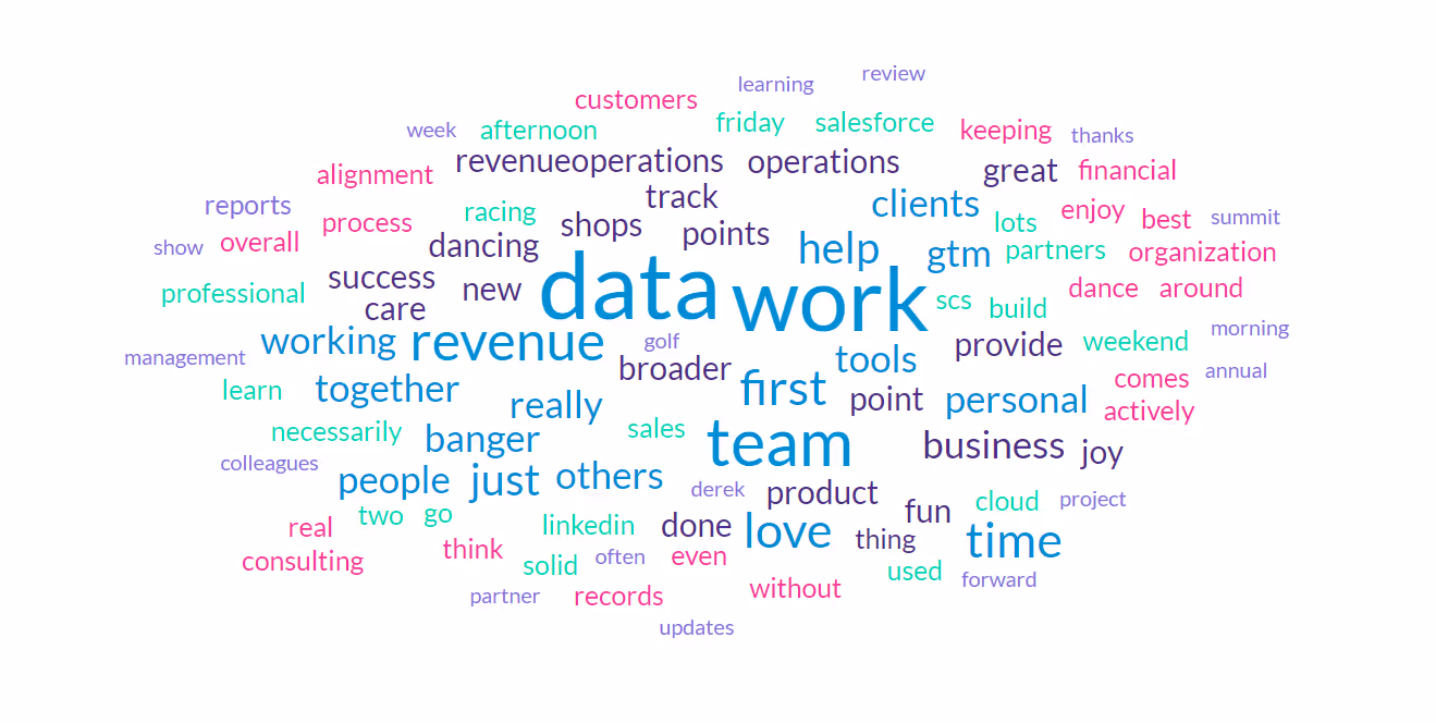 Wordcloud of topics that Drew Noel talks about.