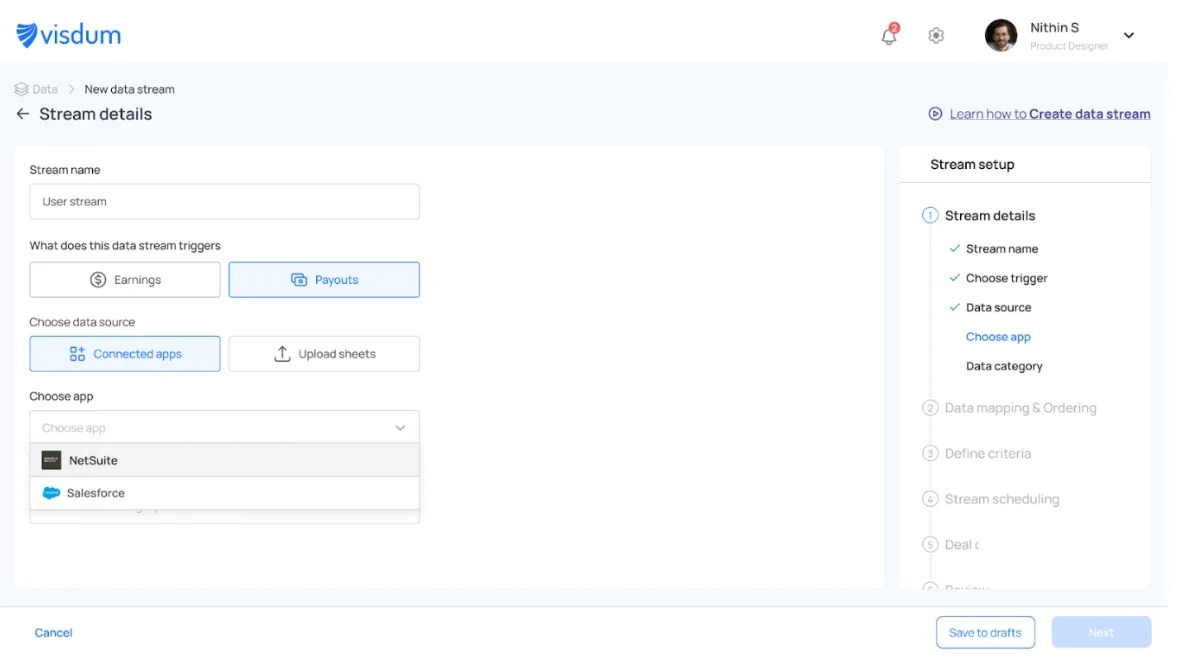 Visdum Stream Details screen where user creates a new data stream, selects trigger type as Earnings or Payouts, and chooses NetSuite as the connected app.