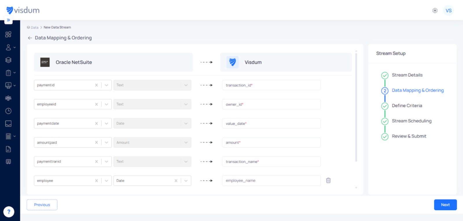Visdum data mapping interface showing mapping of Oracle NetSuite fields like payment ID, employee ID, and payment date to Visdum fields such as transaction ID and value date.