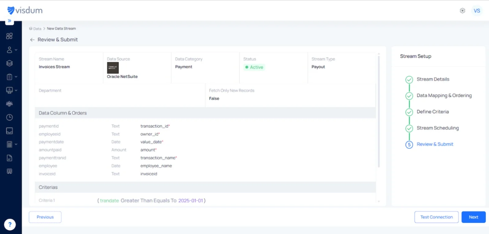 Visdum Review and Submit screen showing summary of mapped NetSuite data fields, applied criteria, and active status before final submission.