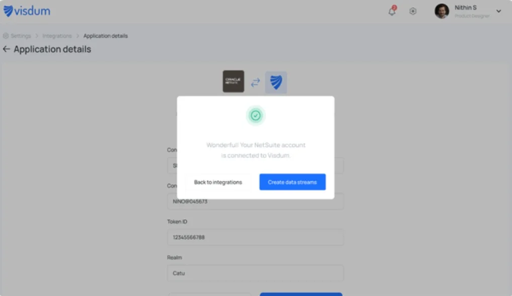 Visdum integration screen showing successful connection of Oracle NetSuite account with Visdum using token ID.