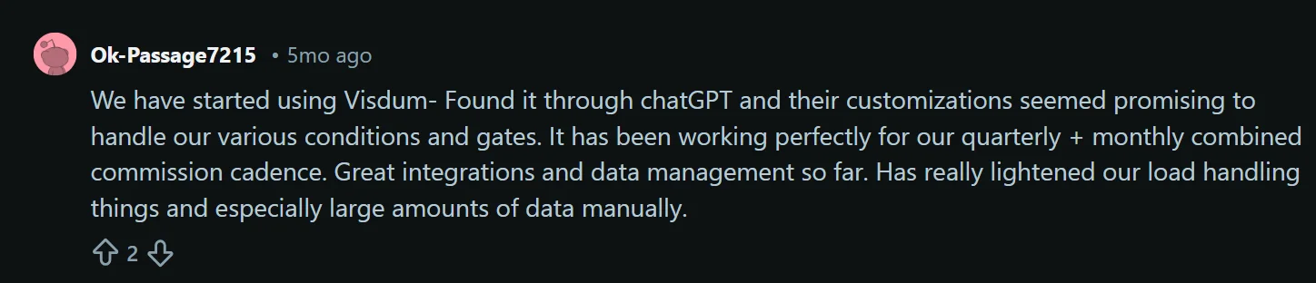 Screenshot of a Reddit comment from a Visdum user sharing positive feedback about commission automation, integrations, and reduced manual data handling for monthly and quarterly commission cycles.