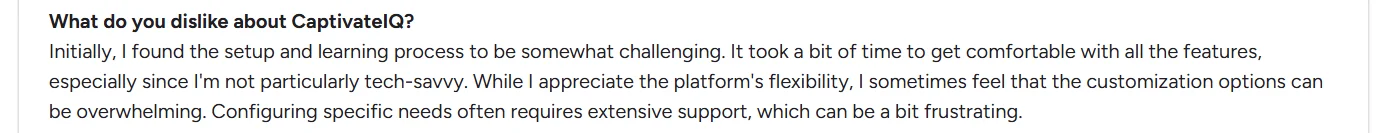 User review describing a challenging setup and learning process for CaptivateIQ, noting overwhelming customization and need for support