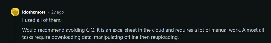 A Reddit user shares concerns about manual work and spreadsheet-style processes when using Captivate IQ.