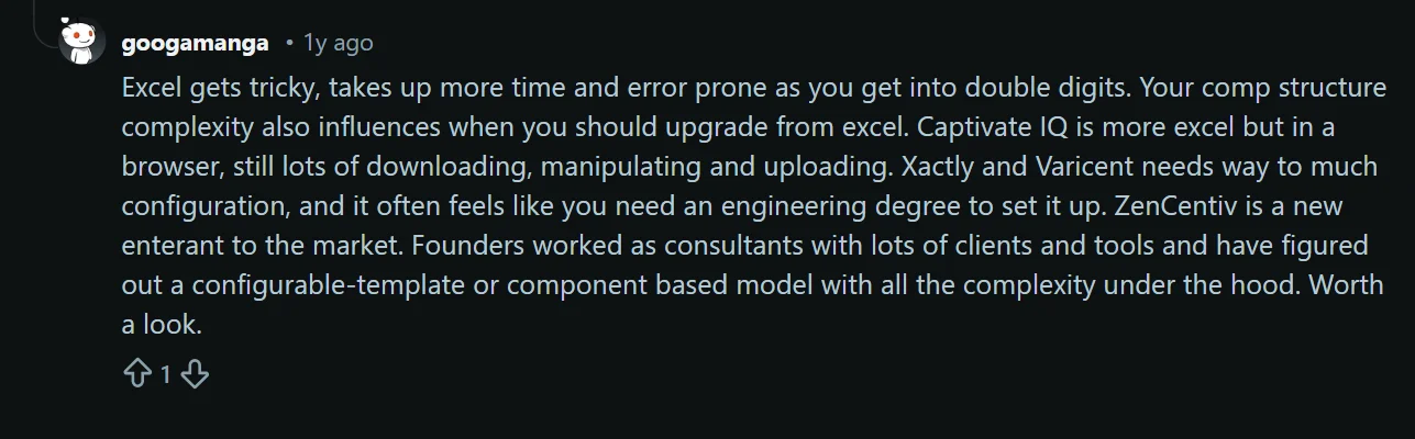 Reddit user comparing Xactly and other commission tools, describing heavy configuration requirements and setup complexity.
