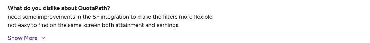User feedback mentioning Salesforce integration limitations and difficulty viewing attainment and earnings together in Quotapath.