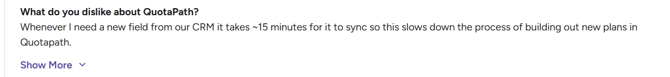 Review highlighting CRM sync delays in Quotapath that slow down commission plan updates.