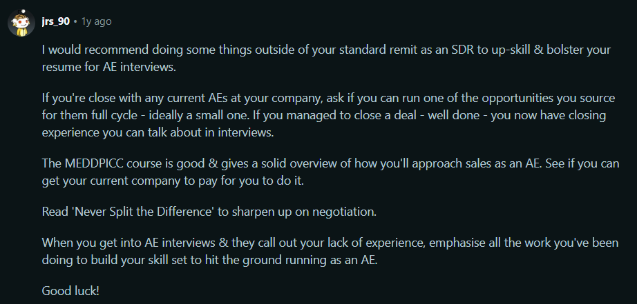 Screenshot showing the reddit comment on tips to get promoted to AE